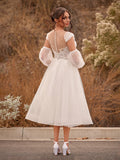 A-Line Sweetheart Long Sleeves Elegant Tulle Wedding Dresses With Appliques Lace