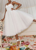 A-Line Sweetheart Sleeveless Tulle Tea-Length Wedding Dresses With Pleated