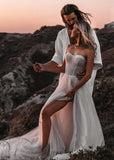 Romantic A-Line Sweetheart Tulle Beach Wedding Dresses with Slit