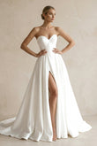 A-Line Sweetheart White Satin Wedding Dresses With Slit