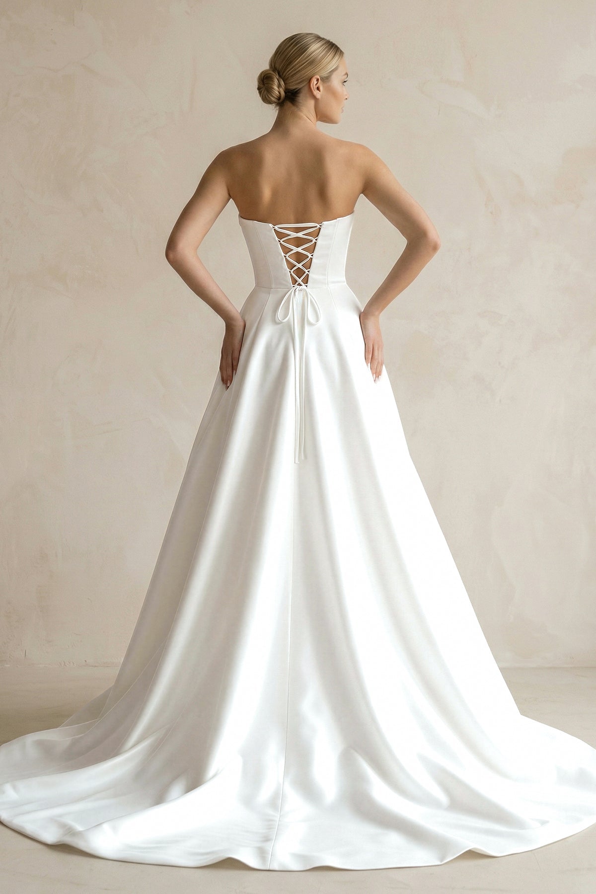 A-Line Sweetheart White Satin Wedding Dresses With Slit
