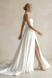 A-Line Sweetheart White Satin Wedding Dresses With Slit