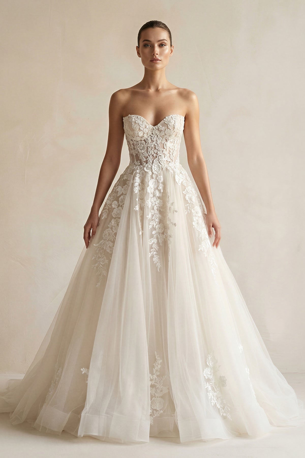 A-line Tulle Skirt Floral Lace Sweetheart Wedding Dresses Backless