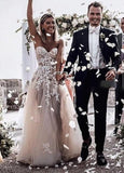 A-line Tulle Skirt Floral Lace Sweetheart Wedding Dresses Backless