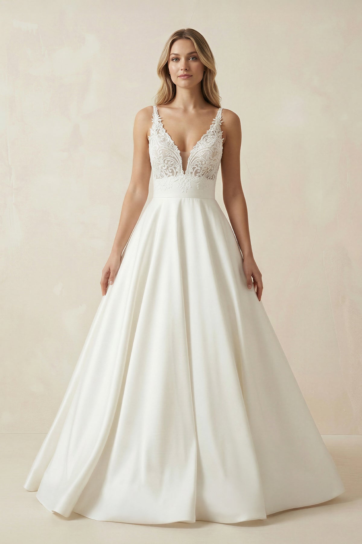 A-Line V-neck Lace Appliques Satin Wedding Dress Bridal Gowns