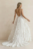 White Boho A-Line Lace Wedding Dress with Appliques
