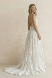 White Boho A-Line Lace Wedding Dress with Appliques