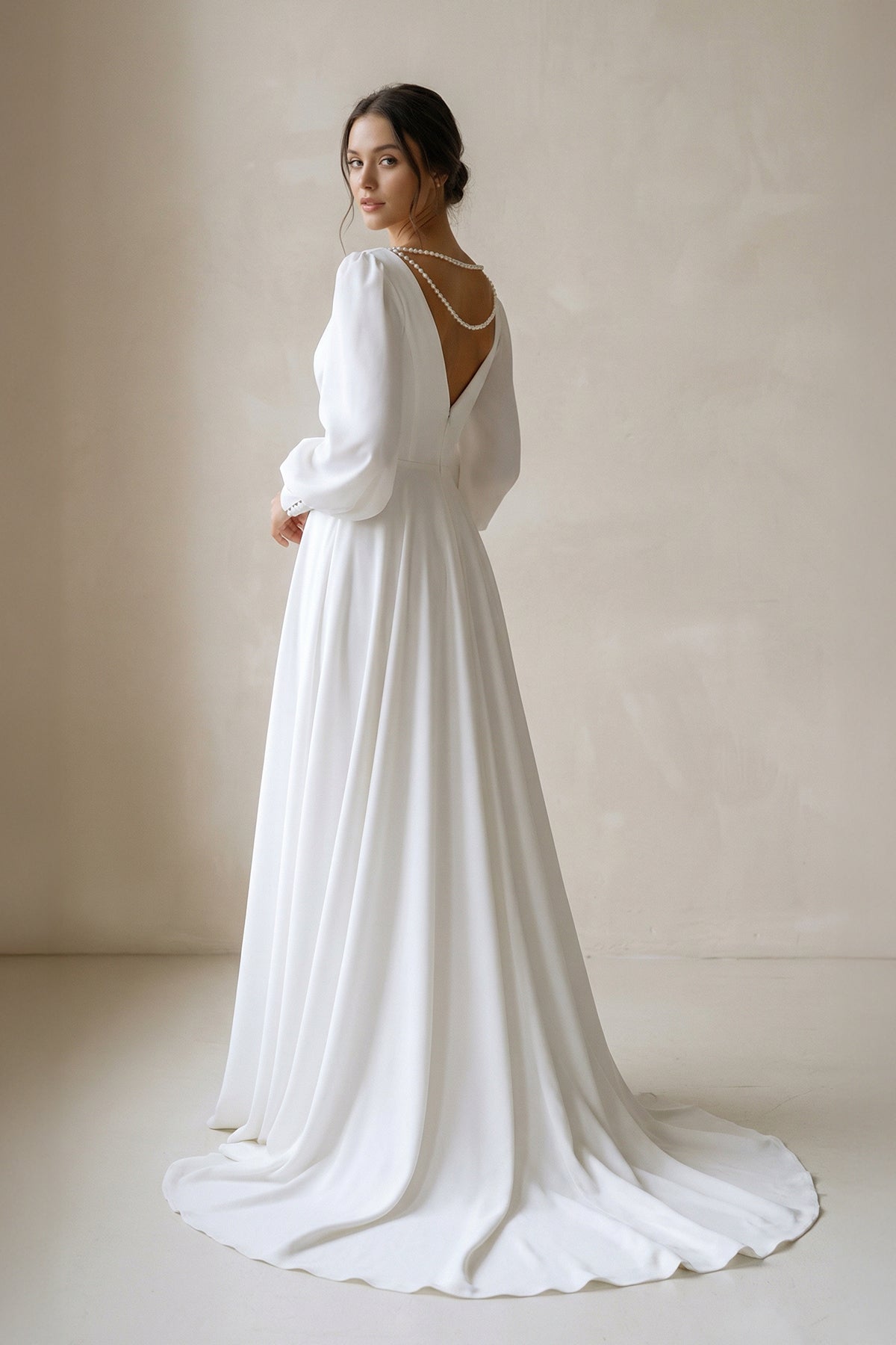A-Line V-Neck Long Sleeves Chiffon Wedding Dresses With Beading