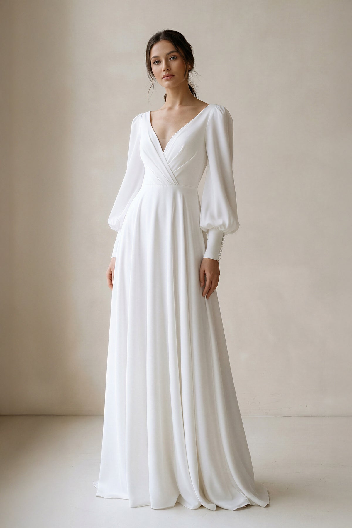 A-Line V-Neck Long Sleeves Chiffon Wedding Dresses With Beading