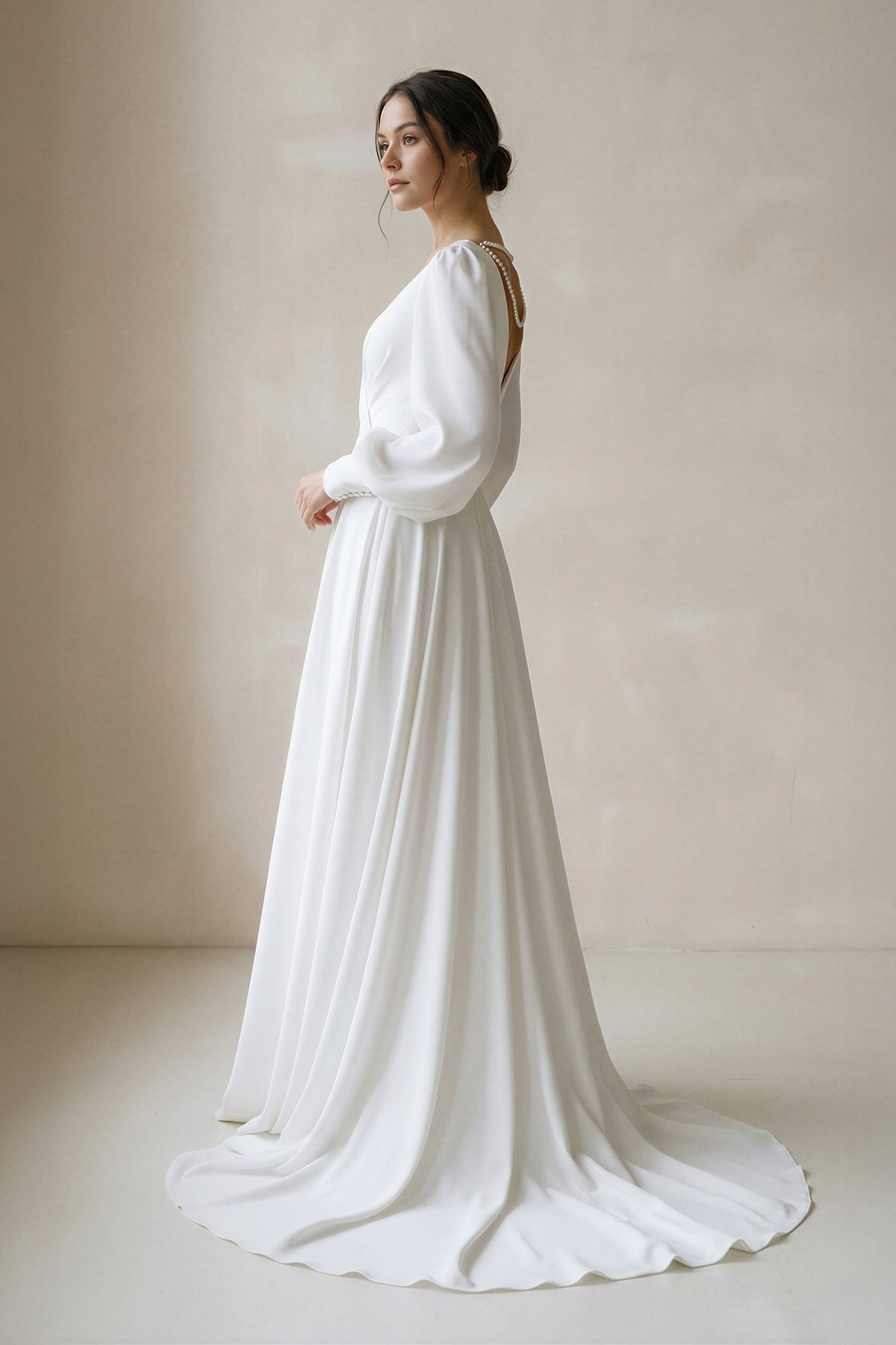 A-Line V-Neck Long Sleeves Chiffon Wedding Dresses With Beading