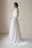 A-Line V-Neck Long Sleeves Chiffon Wedding Dresses With Beading