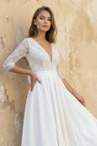 Satin V-neck A Line Tea-length Wedding Dress with Ruching and Sash