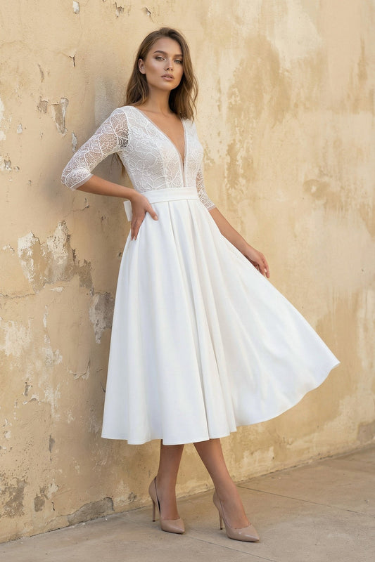 Satin V-neck A Line Tea-length Wedding Dress with Ruching and Sash