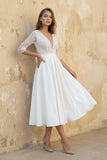 Satin V-neck A Line Tea-length Wedding Dress with Ruching and Sash