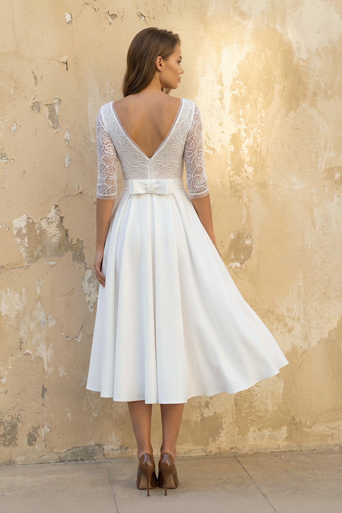 Satin V-neck A Line Tea-length Wedding Dress with Ruching and Sash