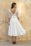 Satin V-neck A Line Tea-length Wedding Dress with Ruching and Sash