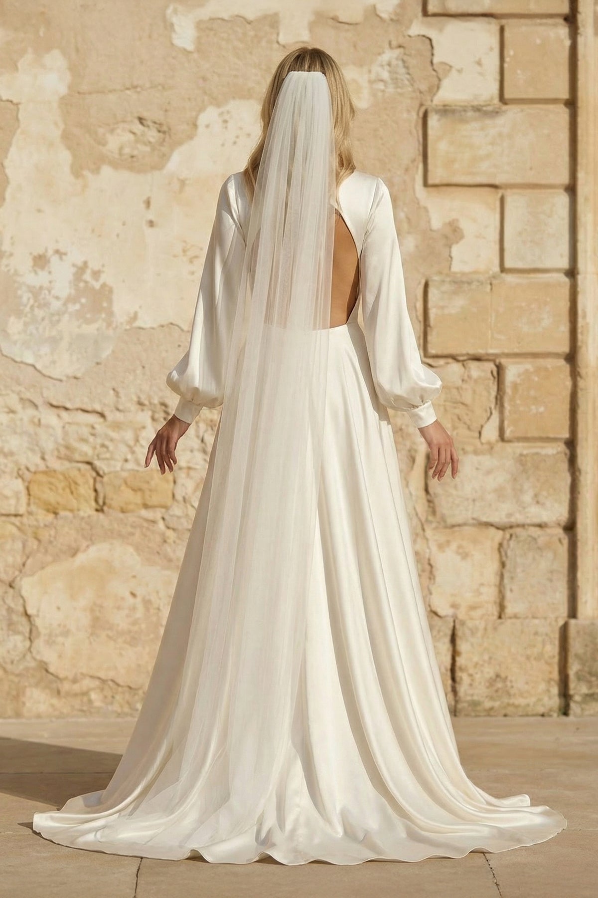 A-Line Long Sleeves Satin Wedding Dresses with V Neck