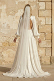 A-Line Long Sleeves Satin Wedding Dresses with V Neck