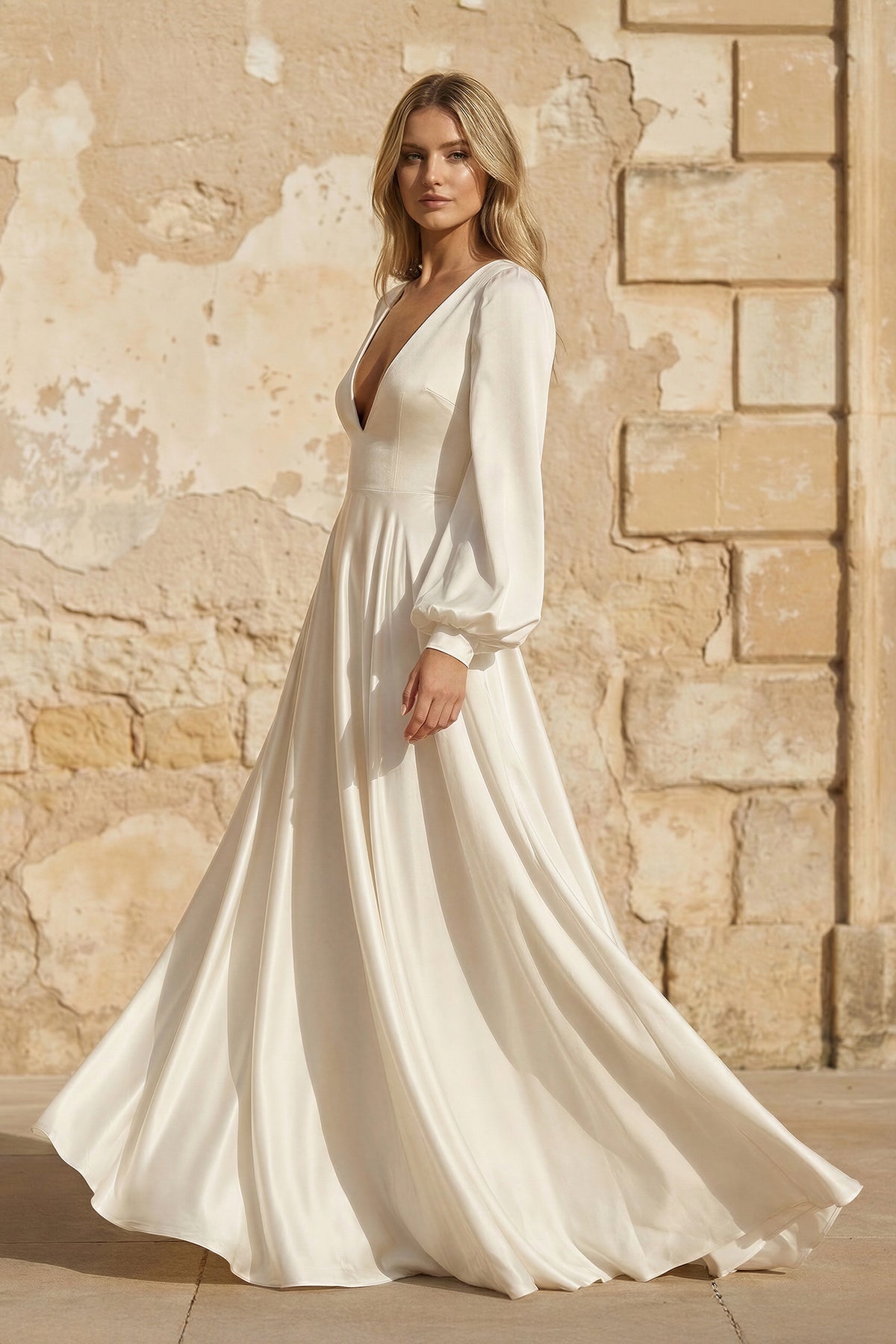 A-Line Long Sleeves Satin Wedding Dresses with V Neck