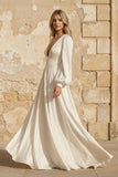 A-Line Long Sleeves Satin Wedding Dresses with V Neck