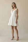 A-Line White Satin V-Neck Short Wedding Dress with Bow
