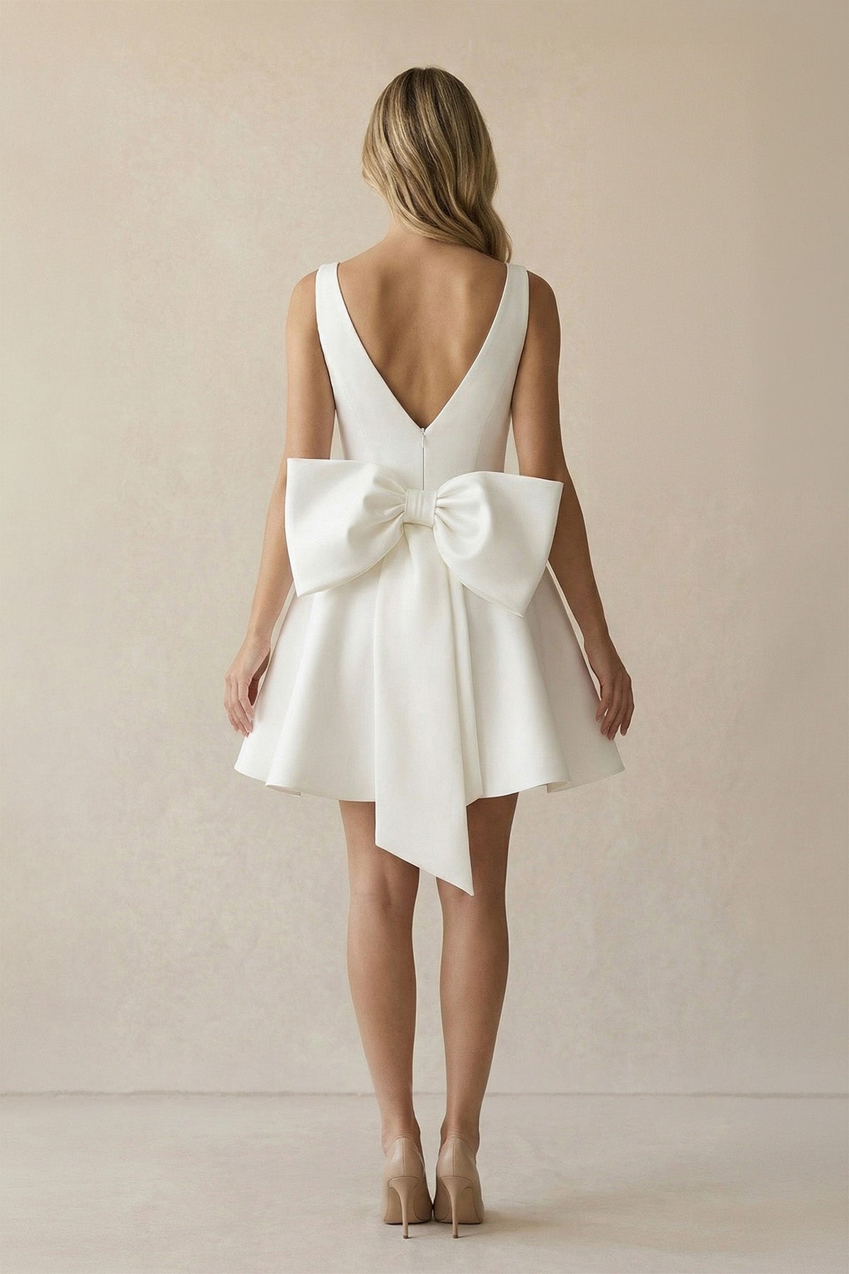 A-Line White Satin V-Neck Short Wedding Dress with Bow