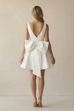 A-Line White Satin V-Neck Short Wedding Dress with Bow