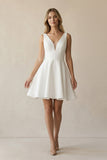 A-Line White Satin V-Neck Short Wedding Dress with Bow