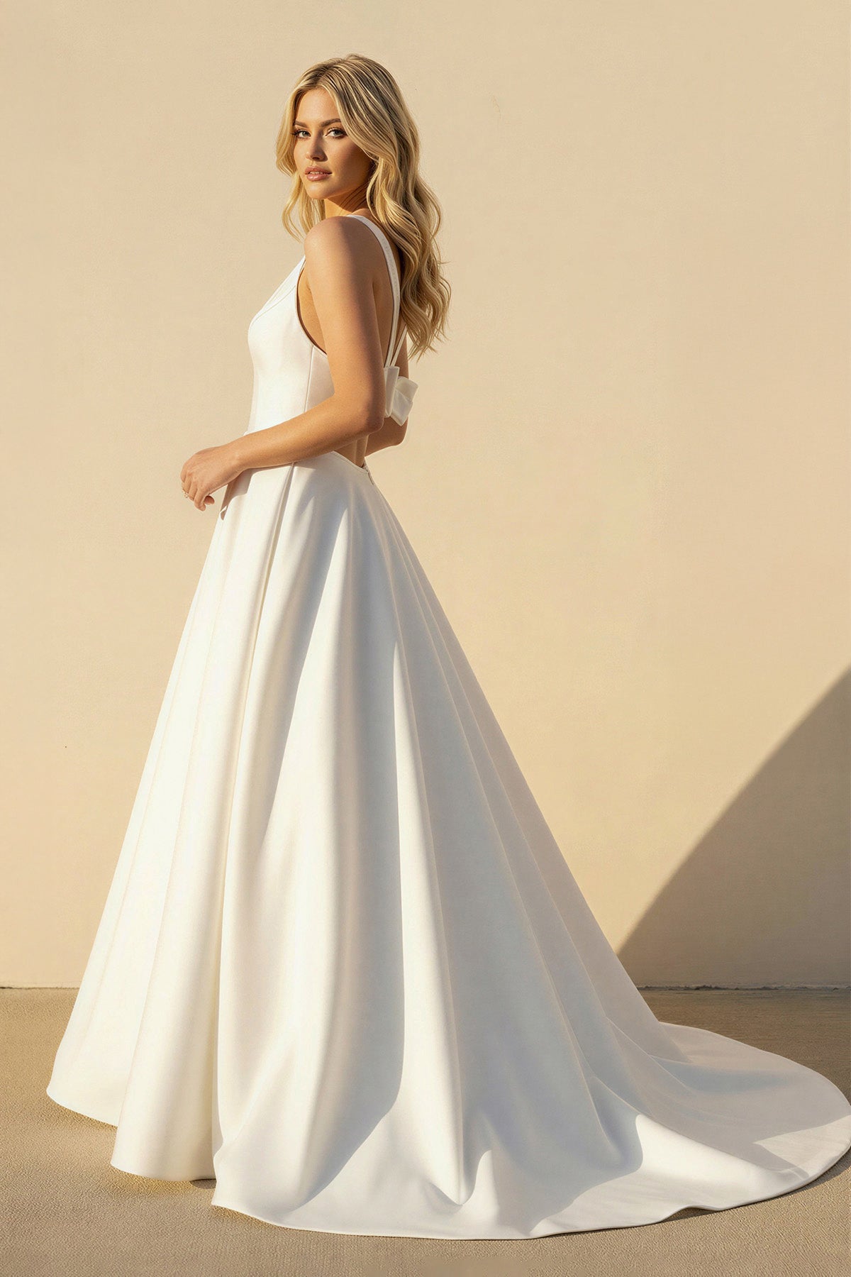 A-Line V-Neck White Long Wedding Dress with Bow-Knot
