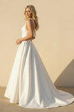 A-Line V-Neck White Long Wedding Dress with Bow-Knot