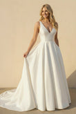 A-Line V-Neck White Long Wedding Dress with Bow-Knot