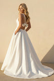 A-Line V-Neck White Long Wedding Dress with Bow-Knot