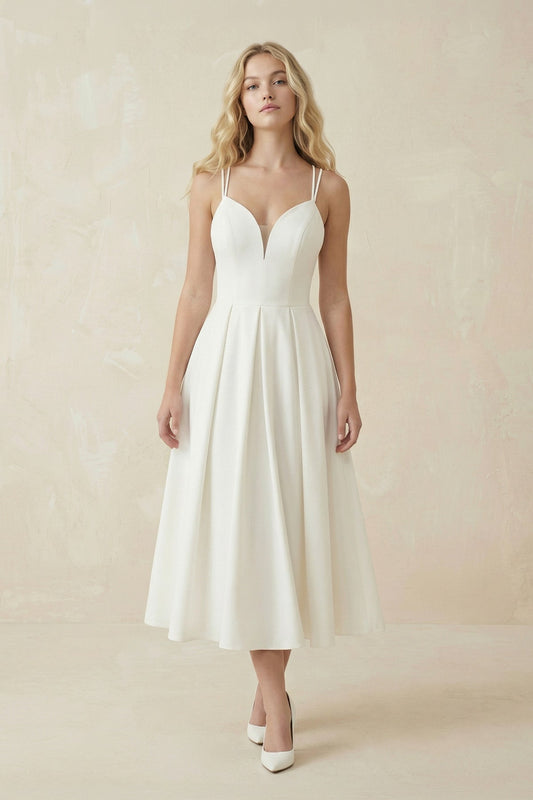 A-Line V-Neck Sleeveless Satin Knee-Length Wedding Dress