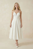 A-Line V-Neck Sleeveless Satin Knee-Length Wedding Dress
