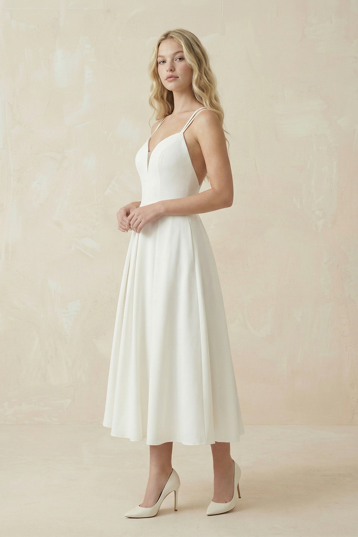 A-Line V-Neck Sleeveless Satin Knee-Length Wedding Dress