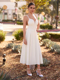 A-Line V-Neck Sleeveless Satin Knee-Length Wedding Dress