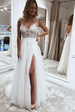 A Line V Neck Straps Tulle Split Wedding Dress/Bridal Gown with Lace