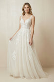 A-Line V-Neck Tulle Appliqued Wedding Dress in Ivory