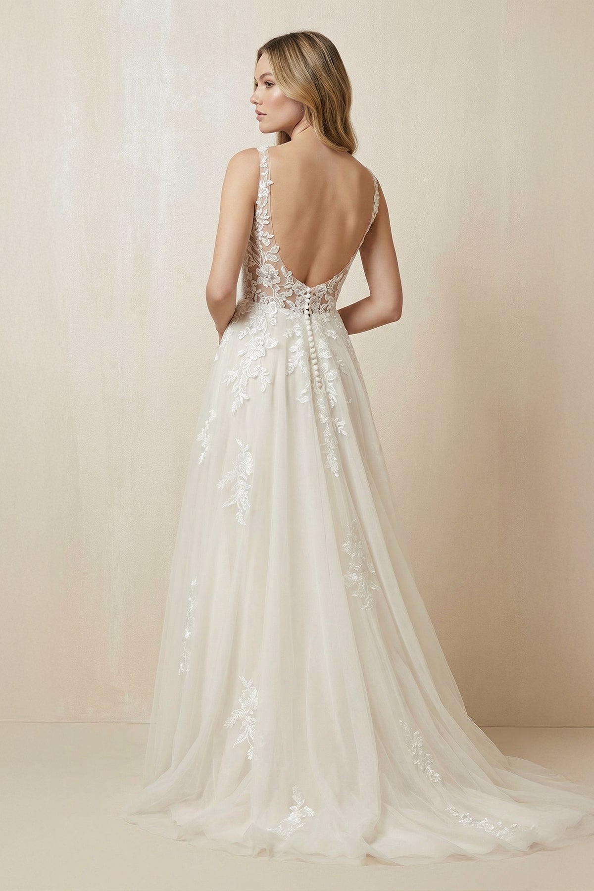 A-Line V-Neck Tulle Appliqued Wedding Dress in Ivory