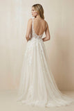 A-Line V-Neck Tulle Appliqued Wedding Dress in Ivory