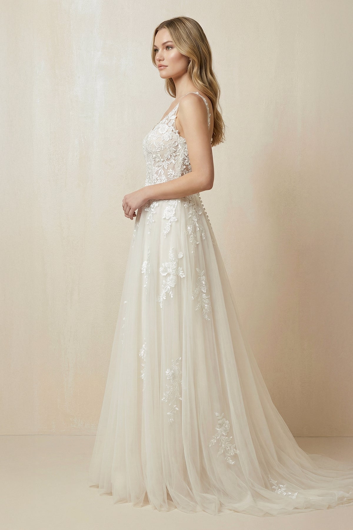 A-Line V-Neck Tulle Appliqued Wedding Dress in Ivory