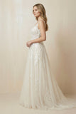 A-Line V-Neck Tulle Appliqued Wedding Dress in Ivory