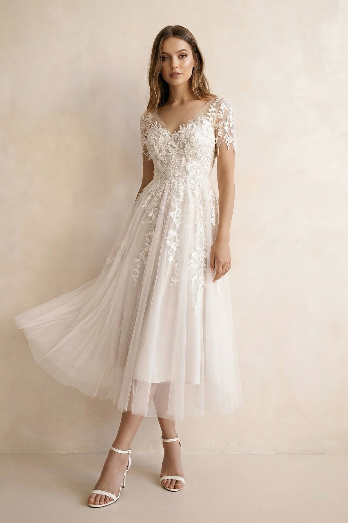 Tea Length Sleeves Ethereal Modern A-Line V-Neck Button Back Wedding Dress