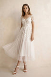 Tea Length Sleeves Ethereal Modern A-Line V-Neck Button Back Wedding Dress