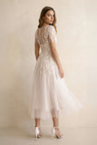 Tea Length Sleeves Ethereal Modern A-Line V-Neck Button Back Wedding Dress