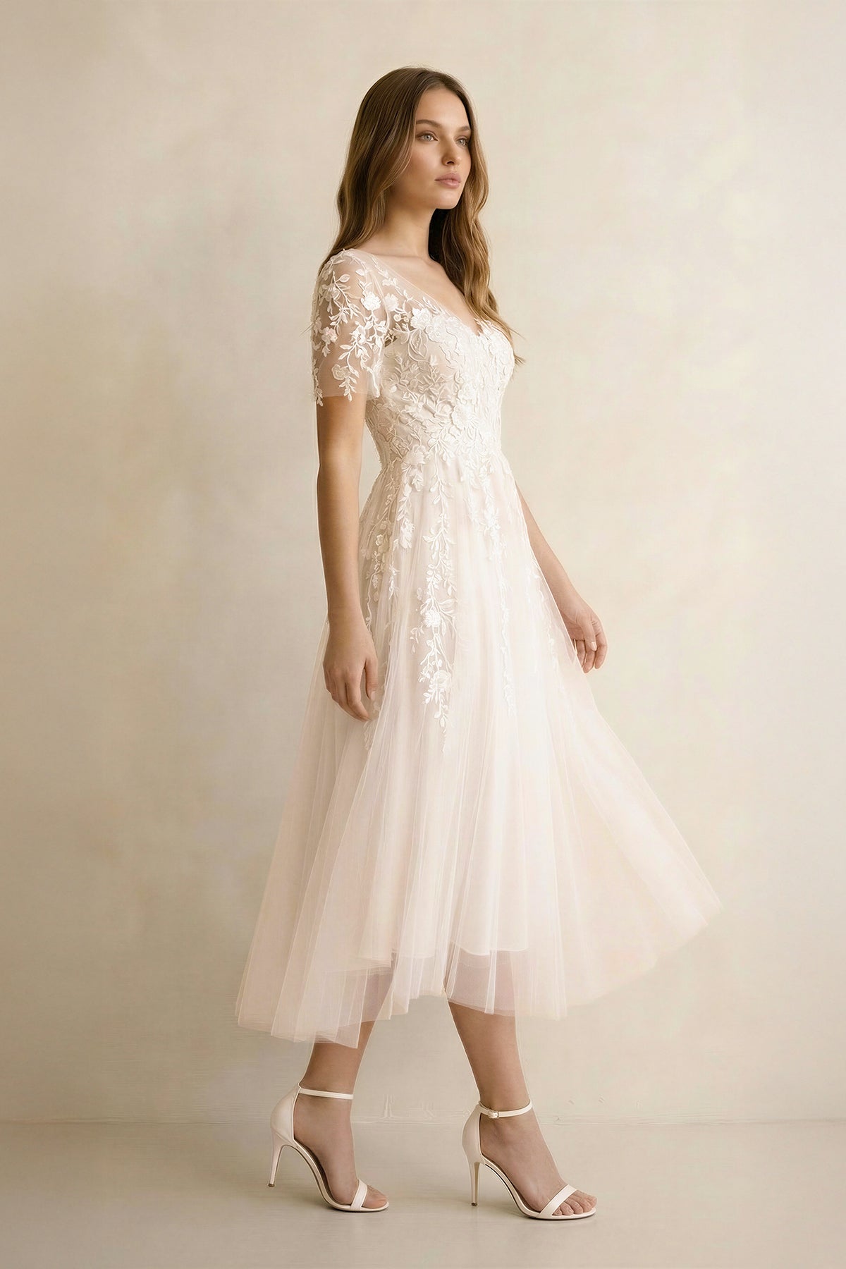 Tea Length Sleeves Ethereal Modern A-Line V-Neck Button Back Wedding Dress