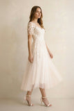 Tea Length Sleeves Ethereal Modern A-Line V-Neck Button Back Wedding Dress
