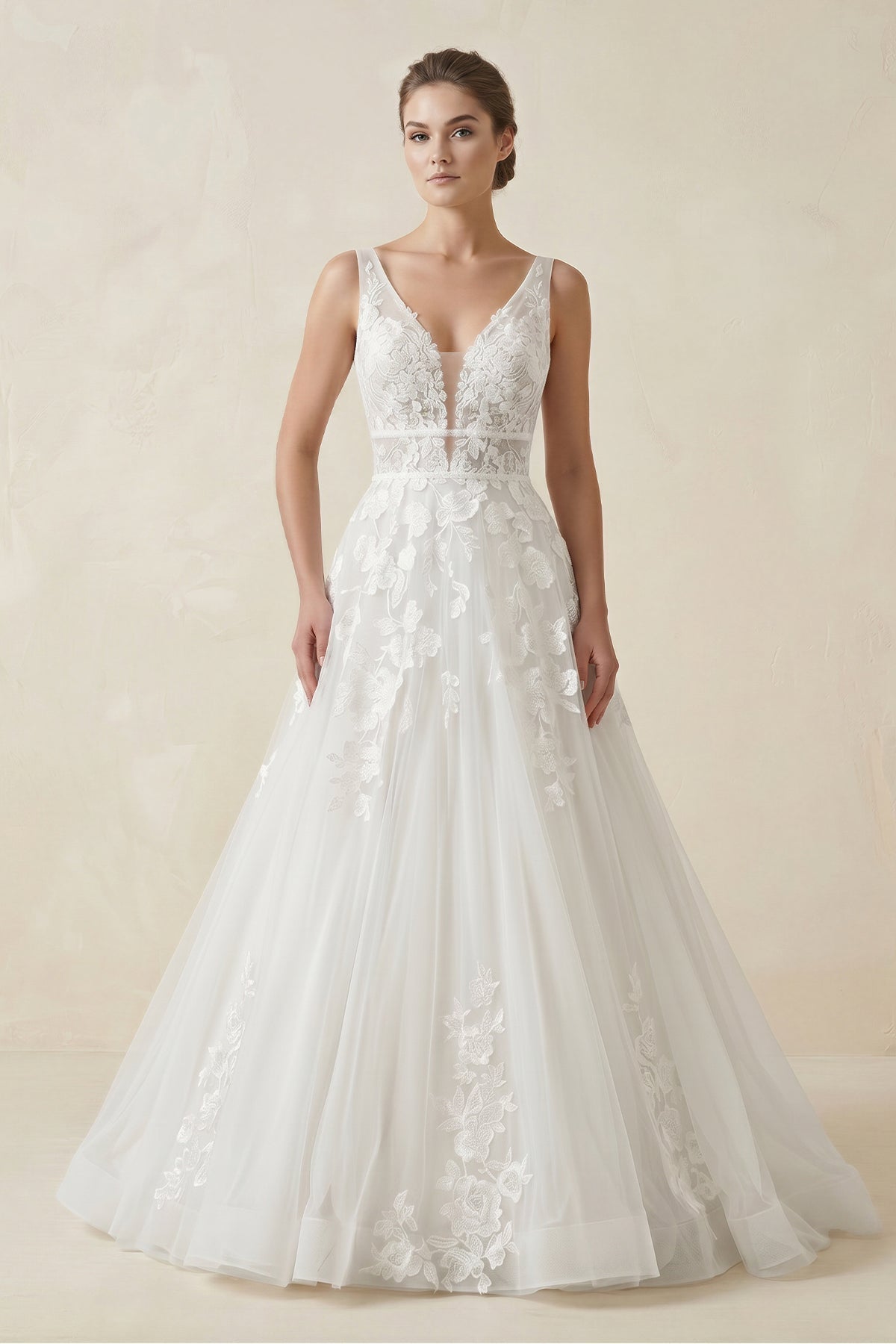 Adorable A-Line Lace Wedding Dress With Appliques And Illusion Deep-V Back