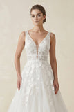 Adorable A-Line Lace Wedding Dress With Appliques And Illusion Deep-V Back