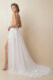 Attractive Illusion Deep V Neck Lace Appliques Boho Wedding Dress with Slit
